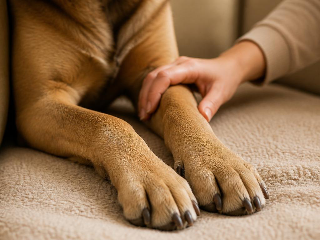 Gentle hand checking a large dog's front leg joints